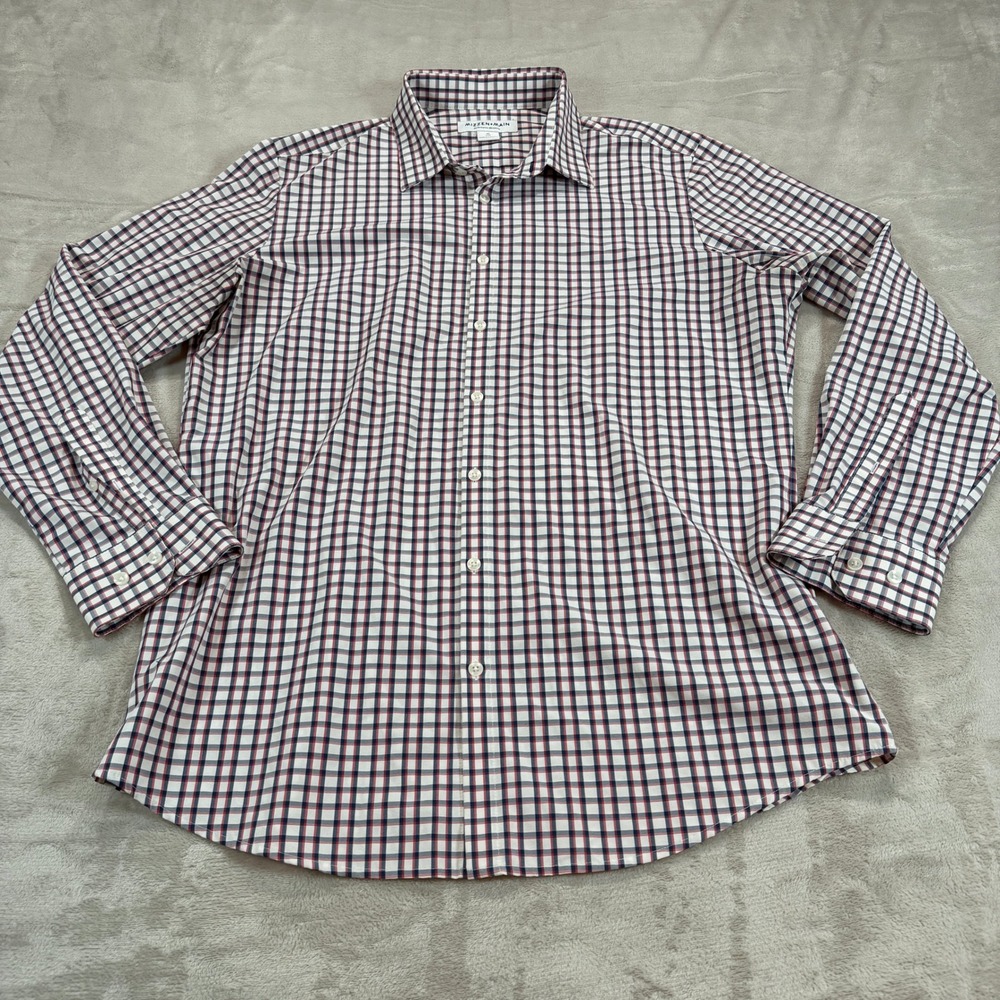 Mizzen Main Mens XL Trim Fit Performance Dress Shirt Plaid Navy Red White Preppy